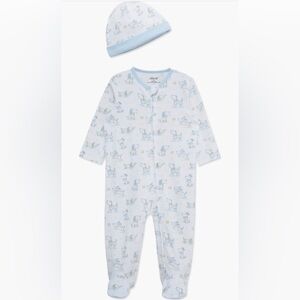 Little Me One-Piece Footie with Light Blue Trim & Hat dog print